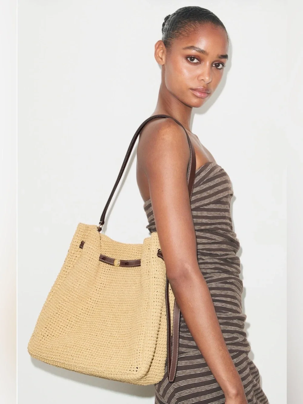 Tory Burch ROMY Woven Straw Leather Large Bucket Bag $495 Gorg!!